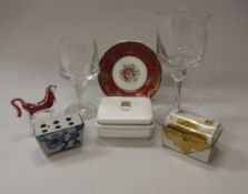 A box of sundry china, glass, etc, to include two commemorative goblets, a millefiori paperweight,