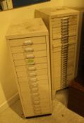 Three cream painted multi draw index filing cabinets