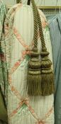 A set of four metal wrapped tassel tie backs together with a pair of curtains, further tie backs,