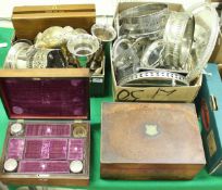 A box containing assorted silver and silver plated items to include an ivory handled marrow scoop,