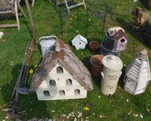 A collection on items to include wooden bird boxes, a stoneware Cheavin's "Saludor" Filter,