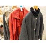 A collection of clothing to include an Emporio Armani suede jacket together with a red leather coat,