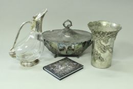 A box of assorted plated wares to included an oval lidded tureen, a decanter in the form of a duck,