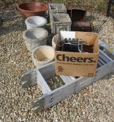 A pair of Cotswold Studios Limited barrel type garden urns and two further pairs of garden urns,