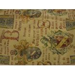 Nine pairs of cotton gold ground with heraldic script lined curtain with fixed triple pinch pleat