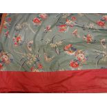 Two pairs of glazed cotton turquoise and pink chinoiserie style curtains, interlined,