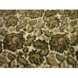 Two pairs of chenille green and beige foliate curtains, lined, with pencil pleat headings,