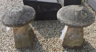 Two natural stone staddle stones with tops