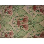 A pair of Art Nouveau Liberty type glazed cotton cream ground floral decorated lined curtains with