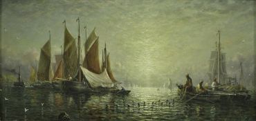 ADOLPHUS KNELL (1860-90) "Fishing boats at sunset nets out" oil on board signed lower right