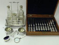 A mahogany cased set of twelve fruit knives and forks, together with a silver open salt,