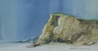 ARTHUR PARSONS "Coastel Scene" figures next to rowing boat in front of cliffs, watercolour,
