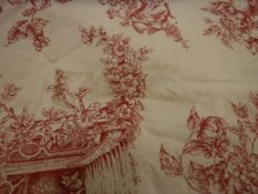 A pair of cotton type Toile de Jouy curtains in cream and red, interlined,