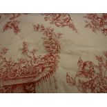 A pair of cotton type Toile de Jouy curtains in cream and red, interlined,