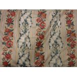 A pair of glazed cotton cream ground pink and blue floral ribbon striped curtains, interlined,