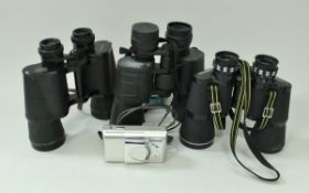 Three pairs of binoculars including a Miranda 10 x 50, a pair of 16 x 50 field binoculars,