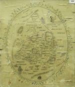 A 19th Century silk and embroidered county map of England together with a pair of woolwork pictures