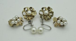 Three pairs of 9 carat gold and pearl set clip on earrings, approx 11.