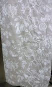 A pair of linen type beige ground with cream fruit decoration curtains, interlined,