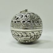 A Victorian silver pomander of cylindrical form with pierced C scrolling and foliate decoration (by