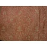 A pair of cotton peach ground with stylised trellis and flower decoration curtains, interlined,