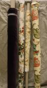 Four various remnant rolls of material to include purple velvet, Colefax & Fowler "Foxglove", etc,