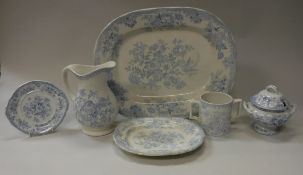 A collection of blue and white "Asiatic Pheasant" pattern china wares including tureens, covers,