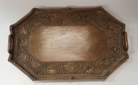 A 19th Century carved treen ware tray with Wild Strawberry pattern banding with Irish silver mounts