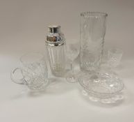 A collection of glassware to include a cut glass cylindrical vase,