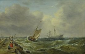 EDWIN HAYES (1819-1904) "Shipping off Calais Pier" oil on canvas unsigned inscribed on label verso
