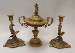 A late 19th Century ormulu pedestal bowl and cover with Dionysis finial and acanthus open work