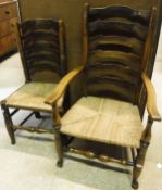 A composite set of four 19th Century ash ladder back rush seat dining chairs on turned legs to pad