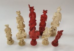 A 19th Century Cantonese stained ivory part chess set, each piece set on a puzzle ball,