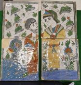 A set of four 19th Century Qajar 18th Century style tiles with polychrome decoration depicting two