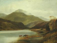 ENGLISH SCHOOL "Cows watering at lakeside" landscape depicting cows at water's edge with mountains