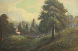 CHARLES PAGE "Cows grazing" landscape depicting two cows grazing in a field with dwelling and trees