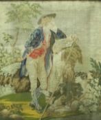 A 19th Century needlework depicting a gentleman in the 18th Century manner with dog at his feet