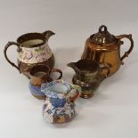 A collection of ten items of Victorian copper lustre ware and a Davenport hydra jug