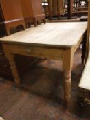 A Victorian pine kitchen table with single drawer on turned legs together with an oak dresser,