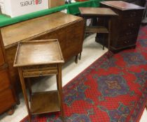 An Edwardian oak fold over card table, small two drawer bedside table,