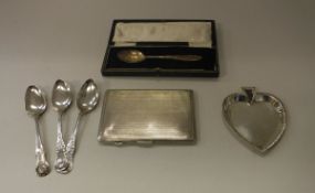 A collection of silverwares to include a silver mounted and tortoiseshell love heart shaped chamber