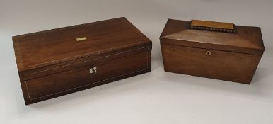 A Victorian rosewood writing slope with pewter stringing and a Victorian mahogany tea caddy of