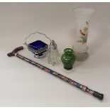 Two boxes of sundry china and glass together with two vintage dolls, a modern walking stick,