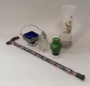 Two boxes of sundry china and glass together with two vintage dolls, a modern walking stick,