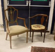 An Edwardian painted satinwood shield back salon elbow chair together with a yoke back corner chair