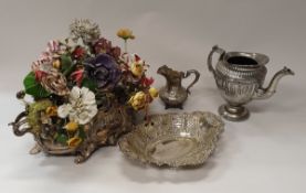 A box of plated wares to include a Victorian four piece tea set with floral and C scroll decoration,