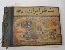 A folder with hand-painted cover depicting Persian figures in a court scene with script,