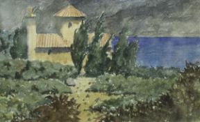 JAMES GRANT "Continental lake landscape with building" watercolour, signed in pencil lower left,