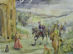 MOLLY WOOLLET "THE HUNTING PARTY, NEWARK" unframed watercolour, signed lower right,