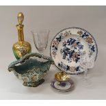 Four boxes of assorted china, clocks, small decorative chest of drawers,